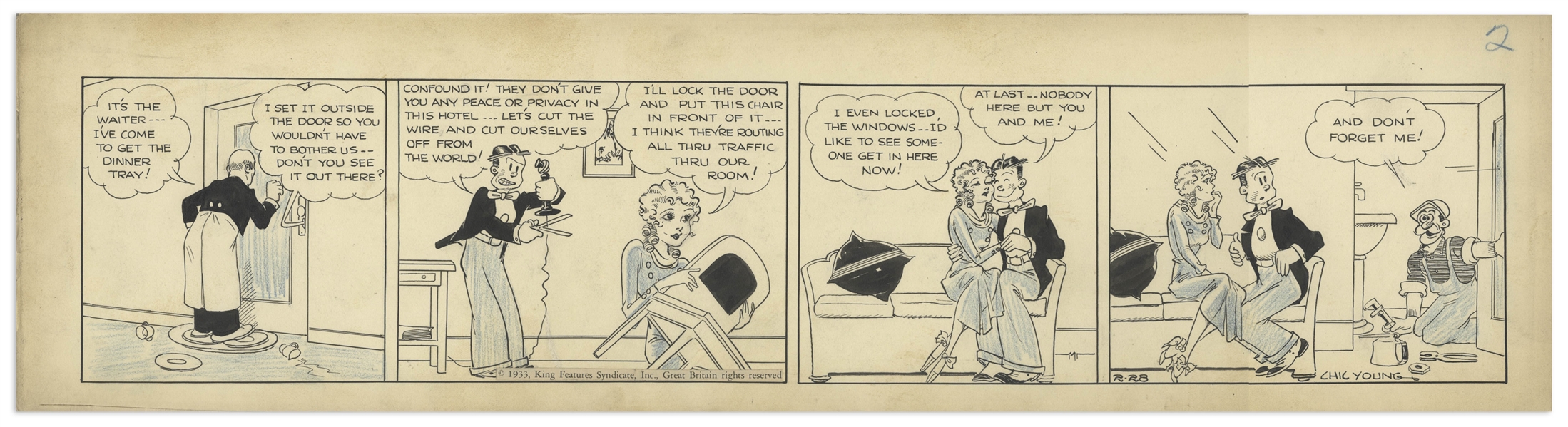 Chic Young Hand-Drawn ''Blondie'' Comic Strip From 1933 Titled ''Alone at Last'' -- Blondie & Dagwood Are Finally On Their Honeymoon